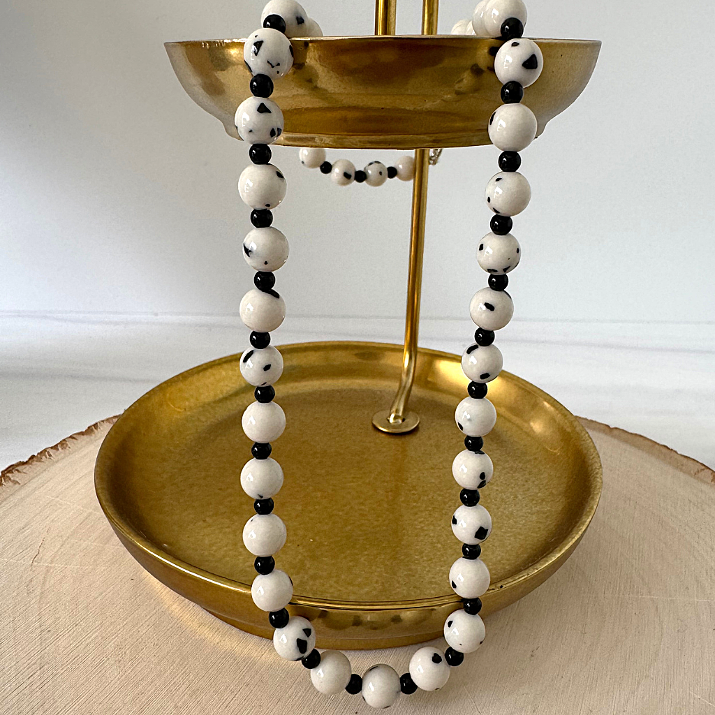 Mens White Dalmation 6mm Agate and Black Onyx Beaded Necklace On Display