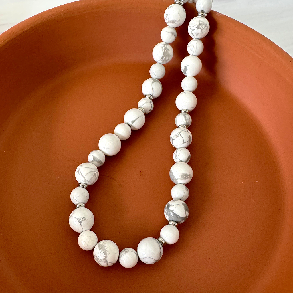 Mens White Howlite 8mm and 6mm Beaded Necklace Displayed