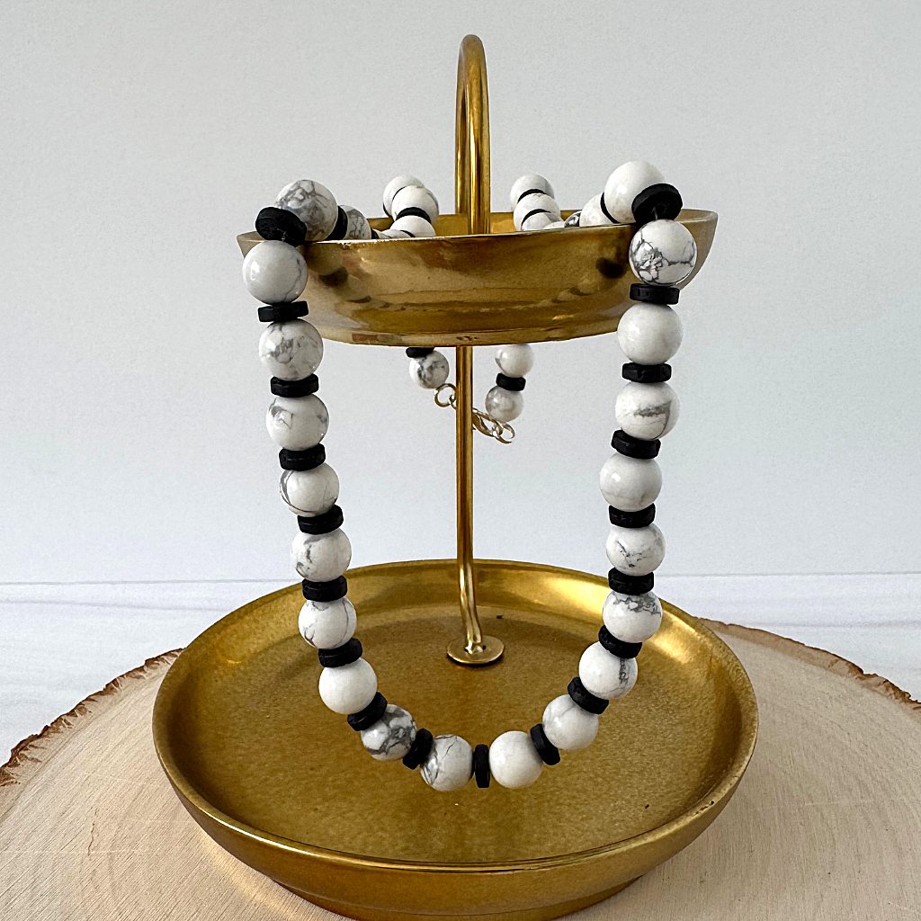 Mens White Howlite and Black Lava Beaded Necklace On a Tray