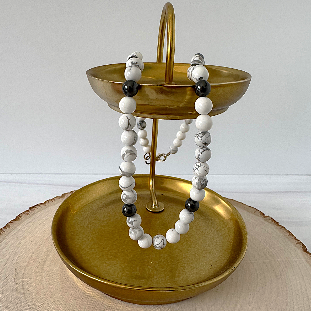 Mens White Howlite and Gray Pearl Beaded Necklace On A Tray