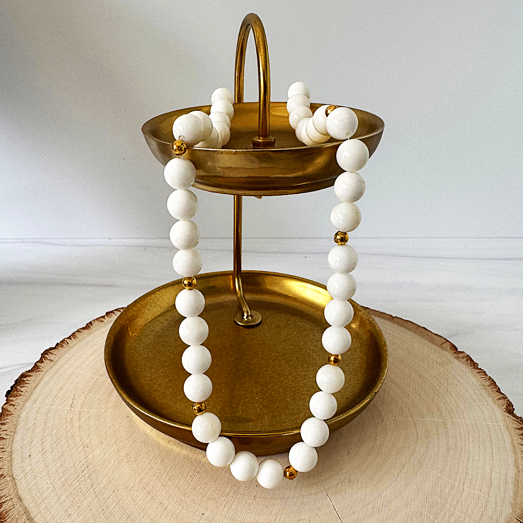 Mens White Shell and Gold Beaded Necklace On A Tray