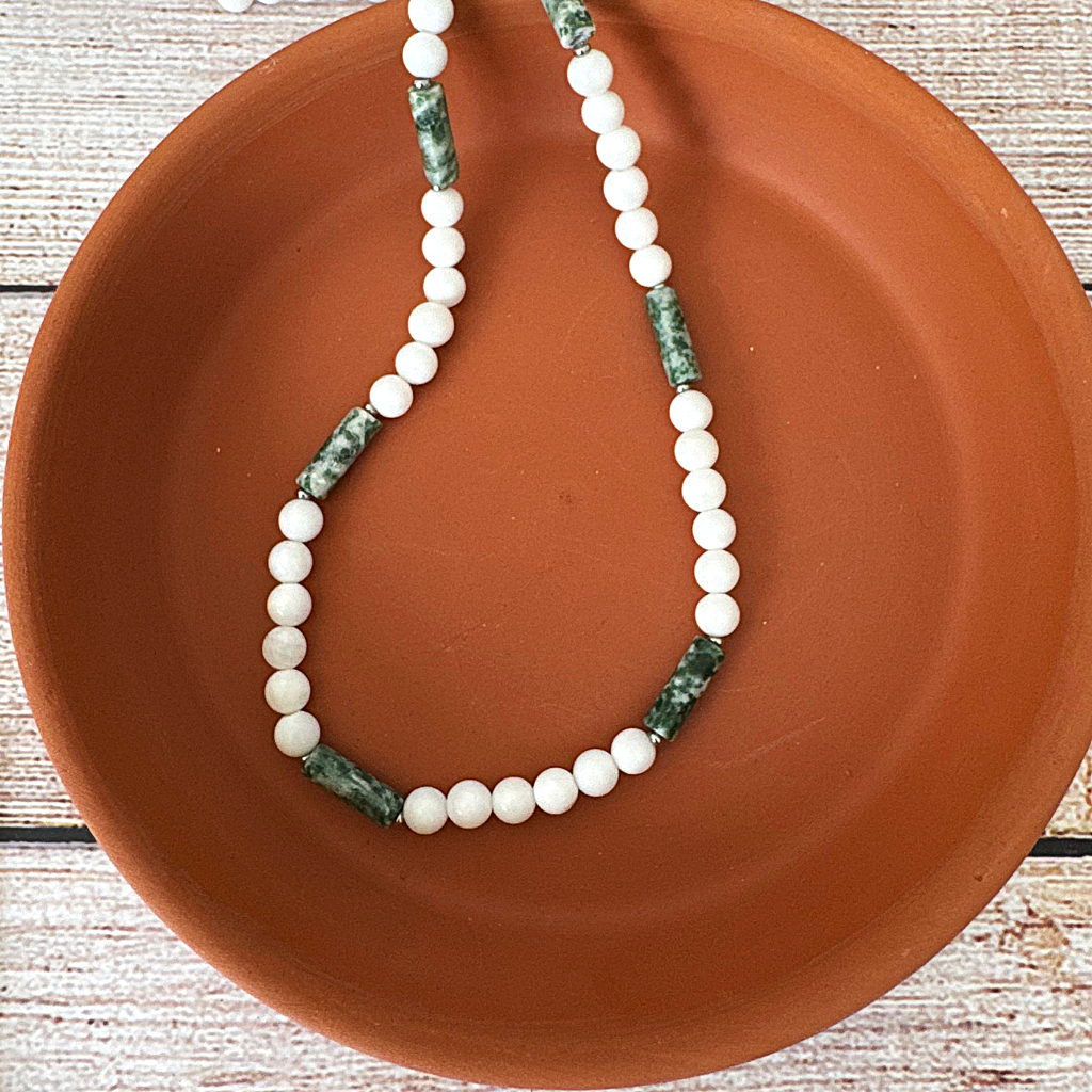 Mens White Shell and Green Jasper Beaded Necklace 6mm On A Dish