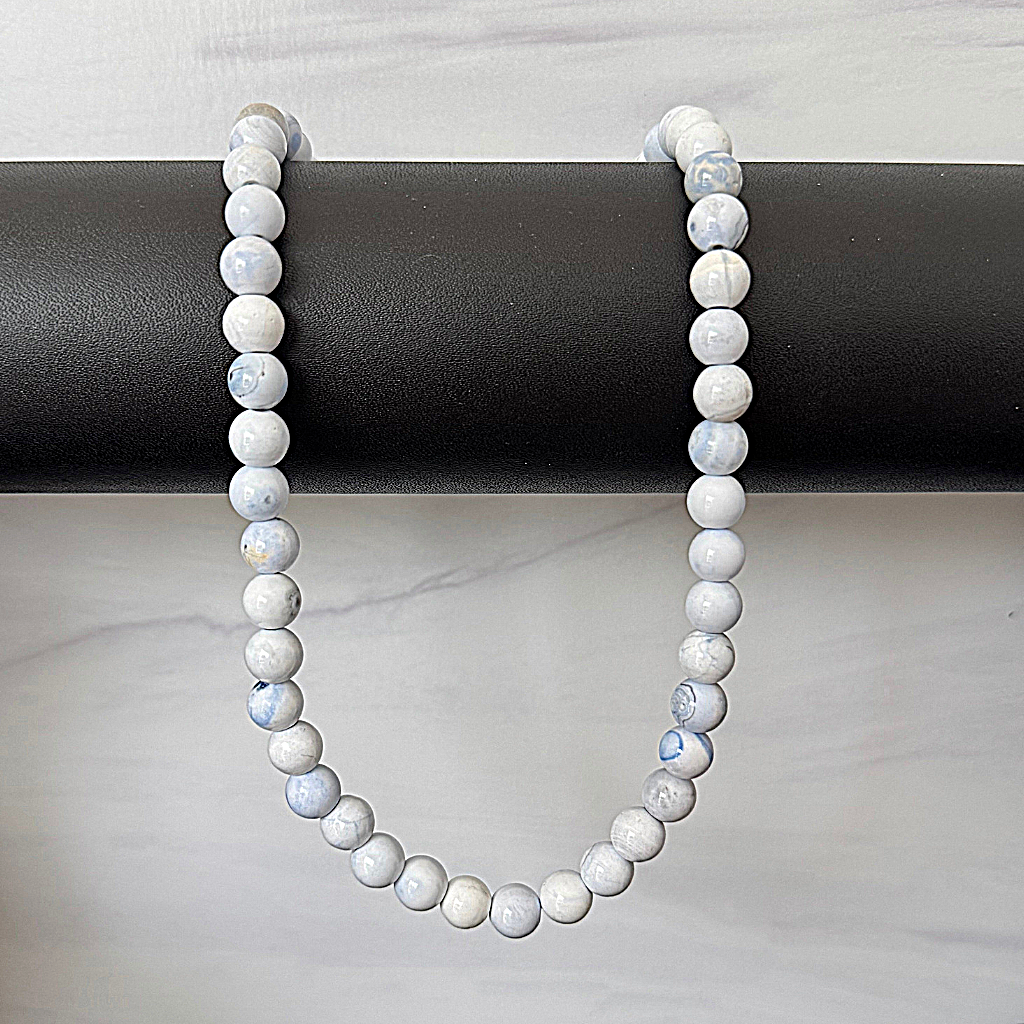 Mens White and Blue Agate Beaded Necklace On A Bar