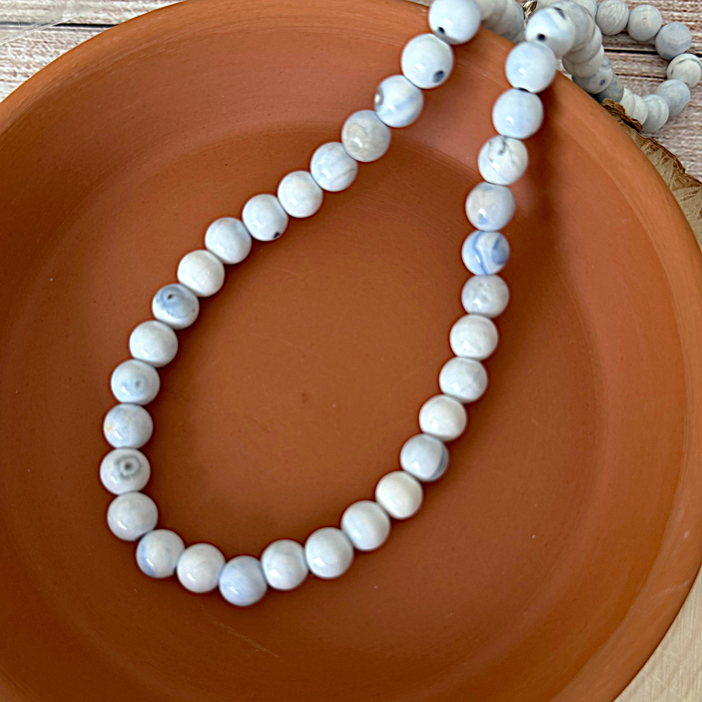 Mens White and Blue Agate Beaded Necklace On A Dish
