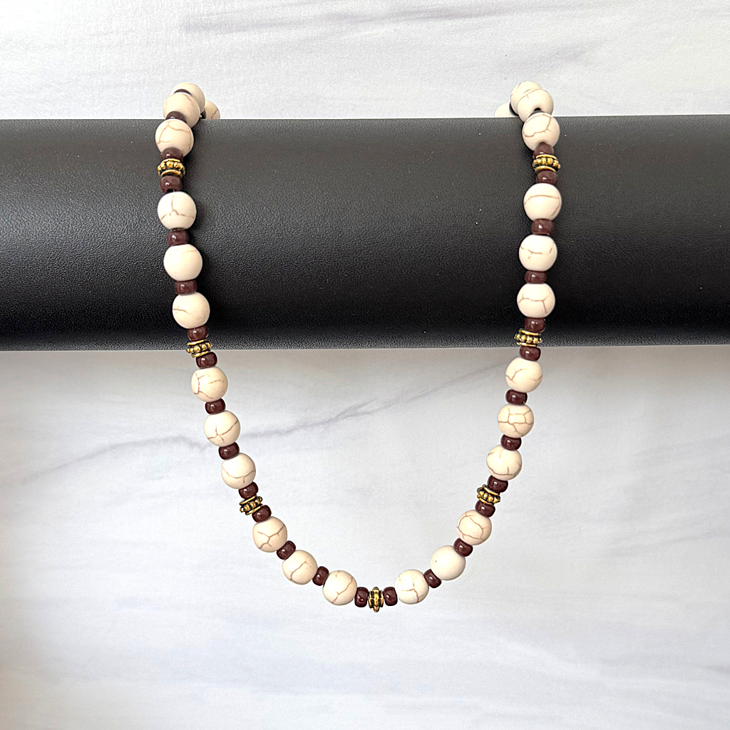 Off White Brown Streaked Agate Mens Beaded Necklace On A Bar