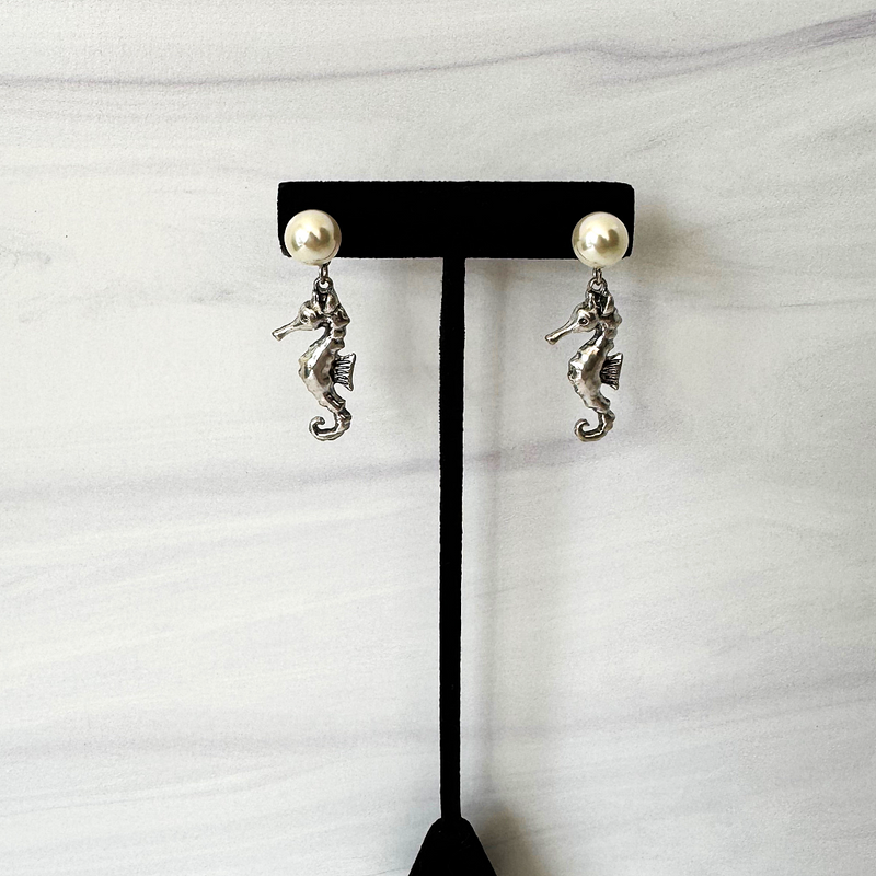 Pearl and Silver Seahorse Dangle Earrings