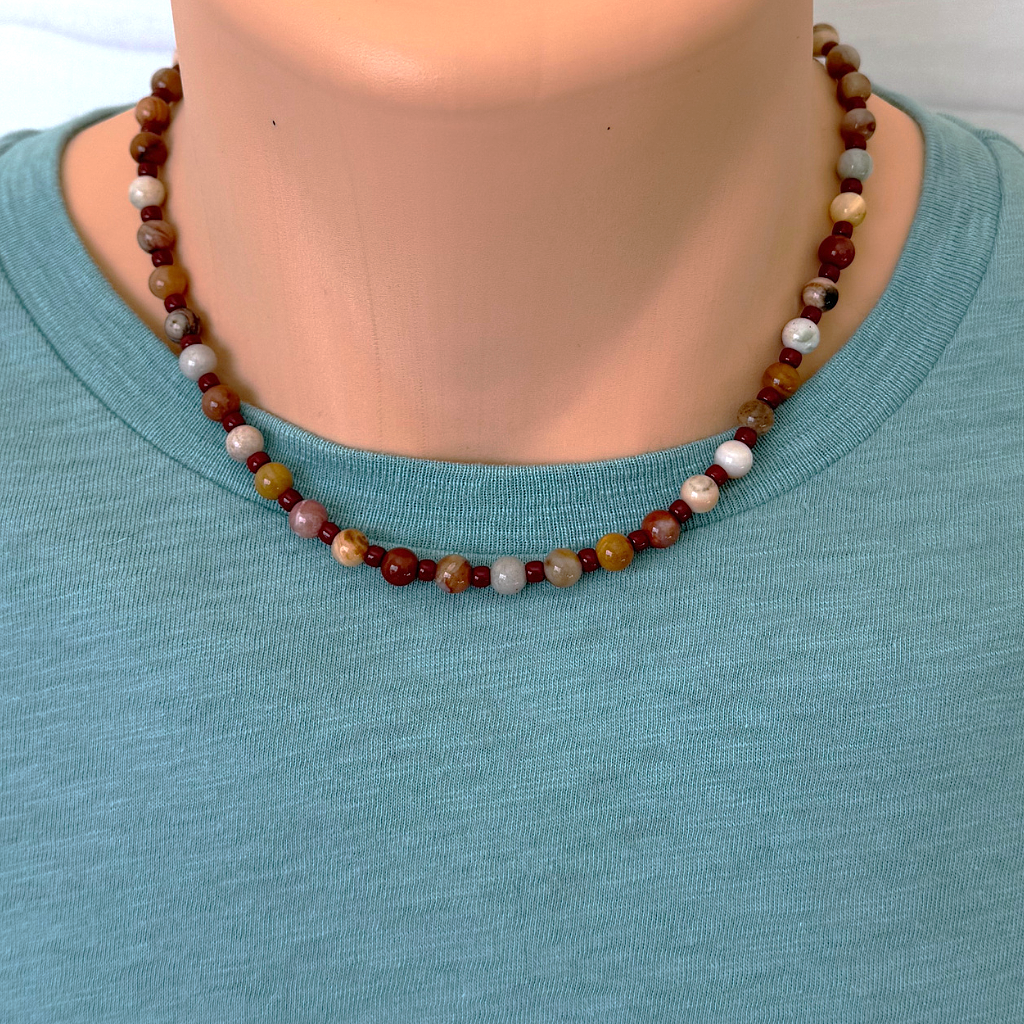 Petrified Wood Agate and Oxblood Toho Mens Beaded Necklace