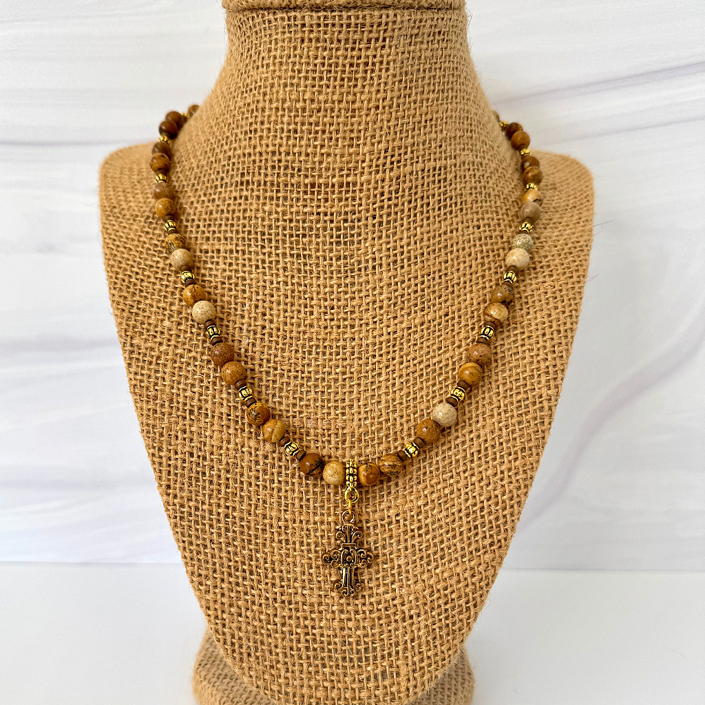 Mens Gold Cross Picture Jasper Beaded Necklace With Gold Metal Accents.