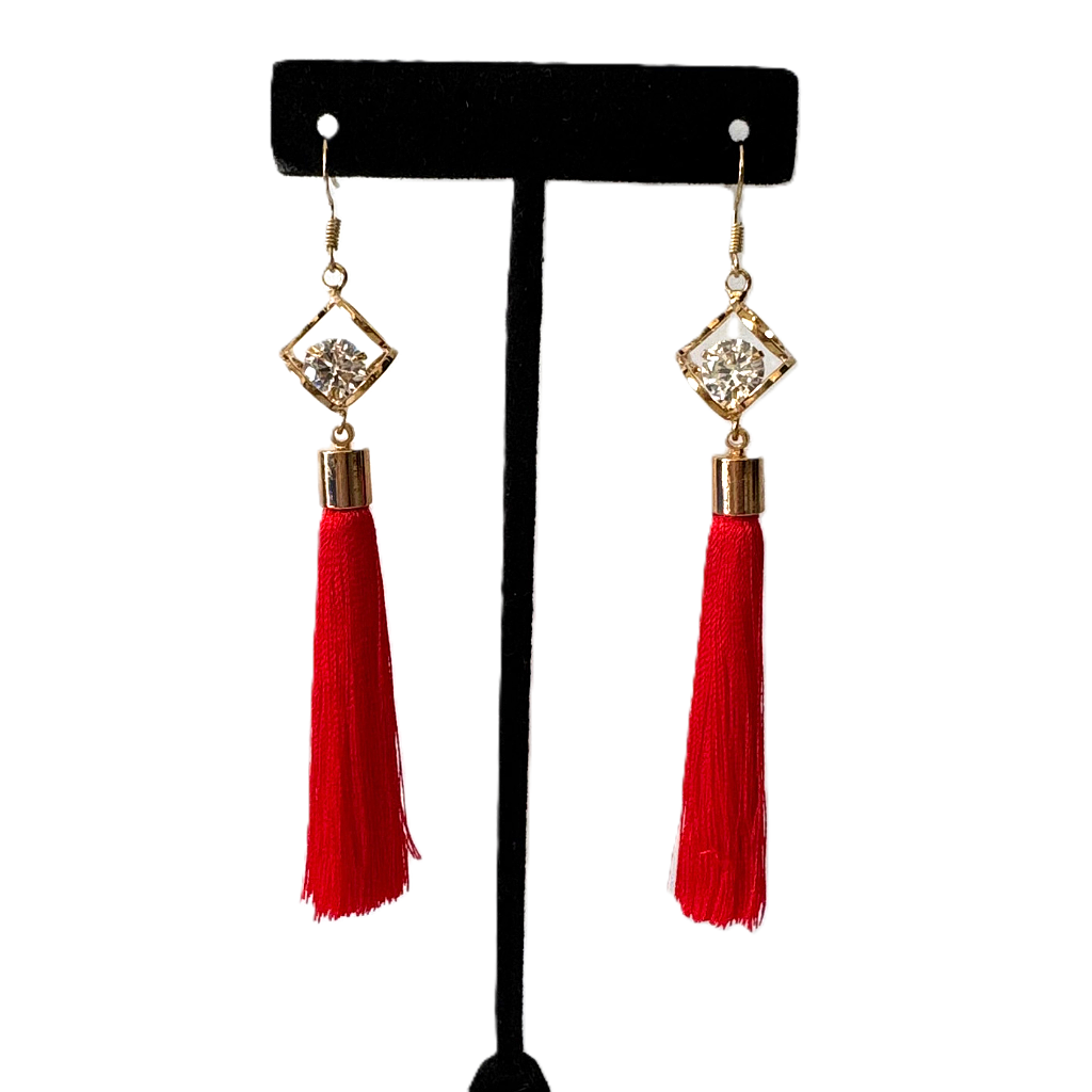 Red Tassel Earrings with Gold Square And Crystal