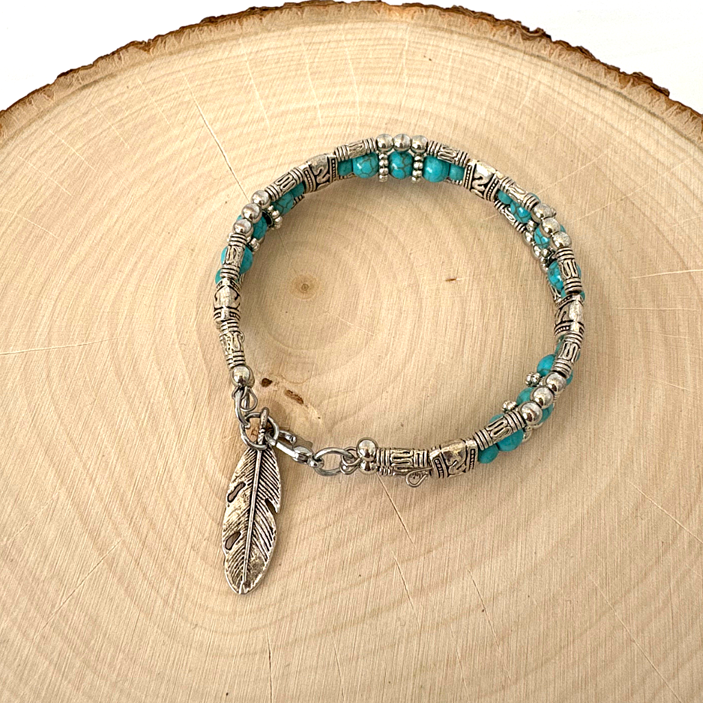 Silver Tibetan Feather and Turquoise Beaded Bangle Bracelet
