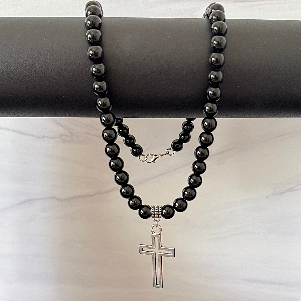 Silver Cross Black Onyx Mens Beaded Necklace On A Black Rod