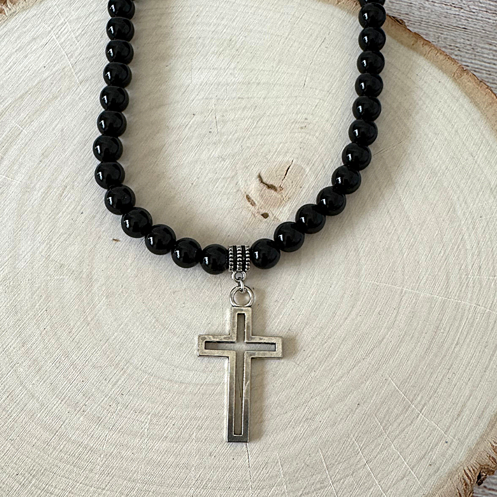Silver Cross Black Onyx Mens Beaded Necklace On Wood