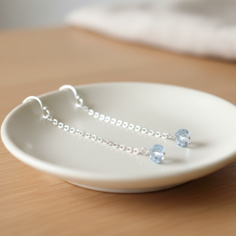 Silver Crystal Long Dangle Earrings.