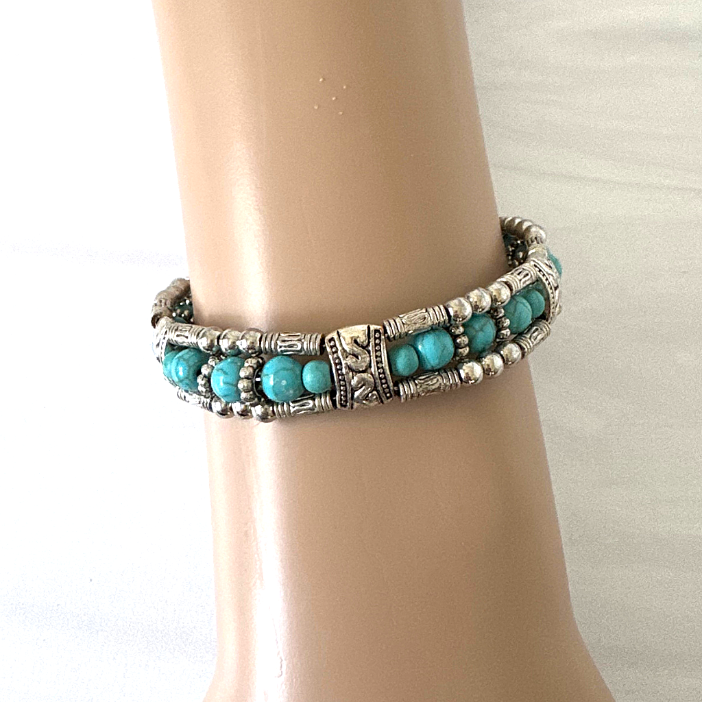Silver Feather and Turquoise Beaded Bangle Bracelet
