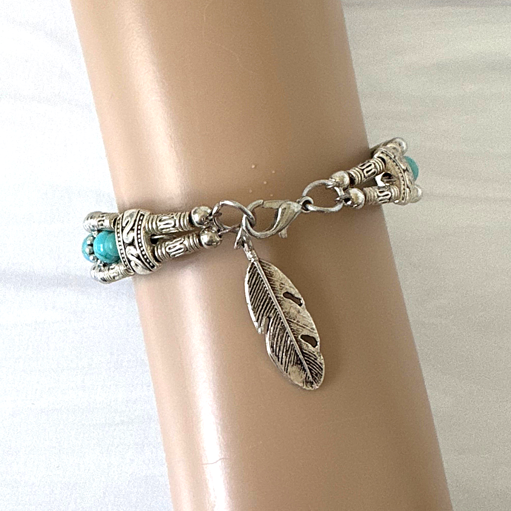 Silver Feather and Turquoise Beaded Bracelet