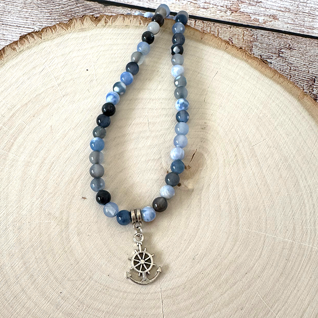 Storm Line Agate and Silver Anchor Mens Beaded Necklace - JaeBee
