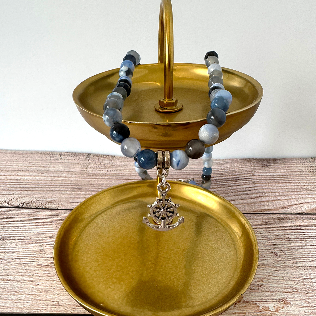 Storm Line Agate and Silver Anchor Mens Beaded Necklace - JaeBee