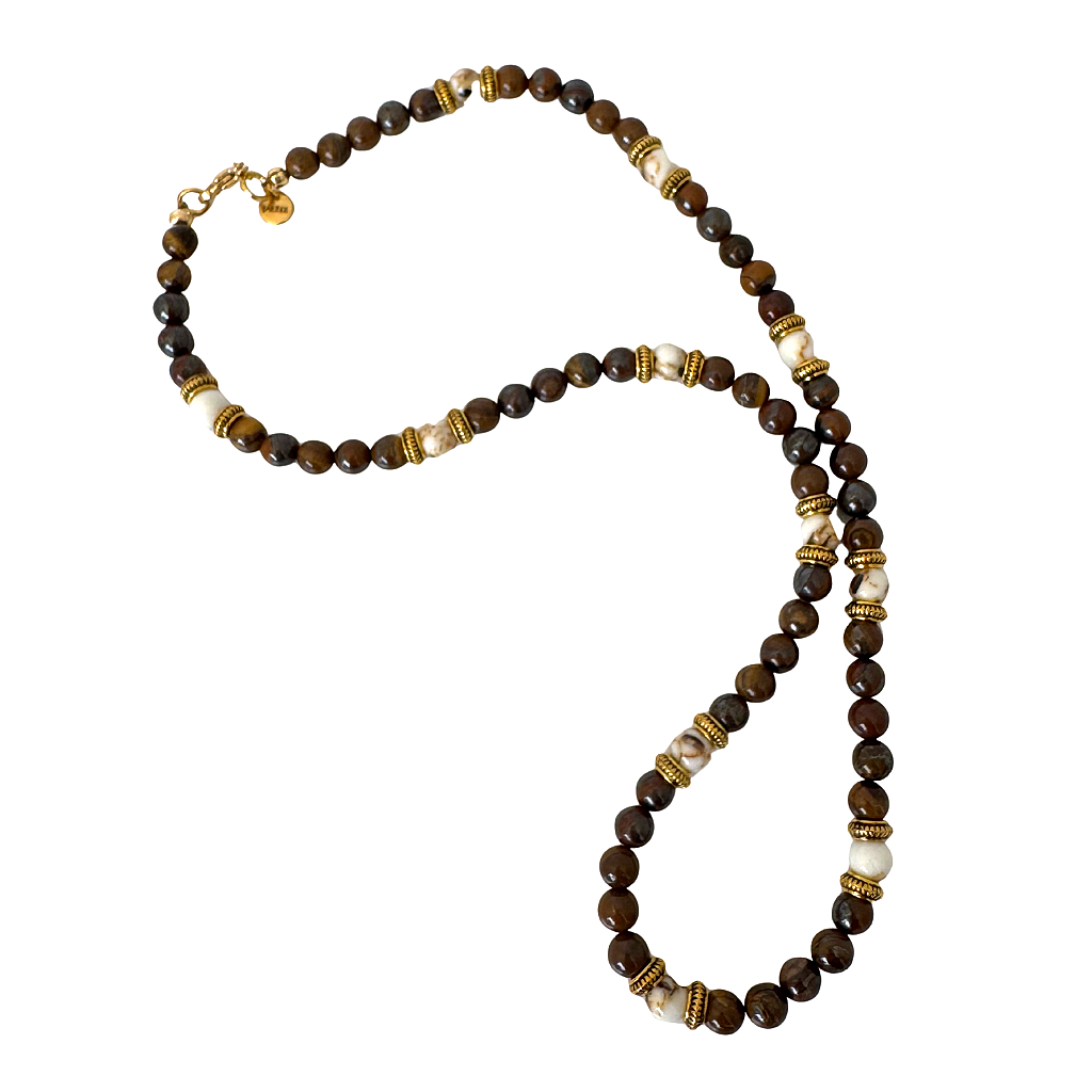 Tigers Iron, White Mosaic, and Gold Metal Mens Beaded Necklace.