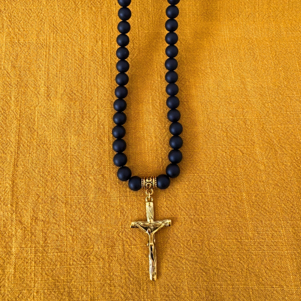 Matte Black Onyx and Gold Cross Jesus Mens Beaded Necklace | JaeBee Matte Black Onyx and Gold Cross Jesus Mens Beaded Necklace | JaeBee