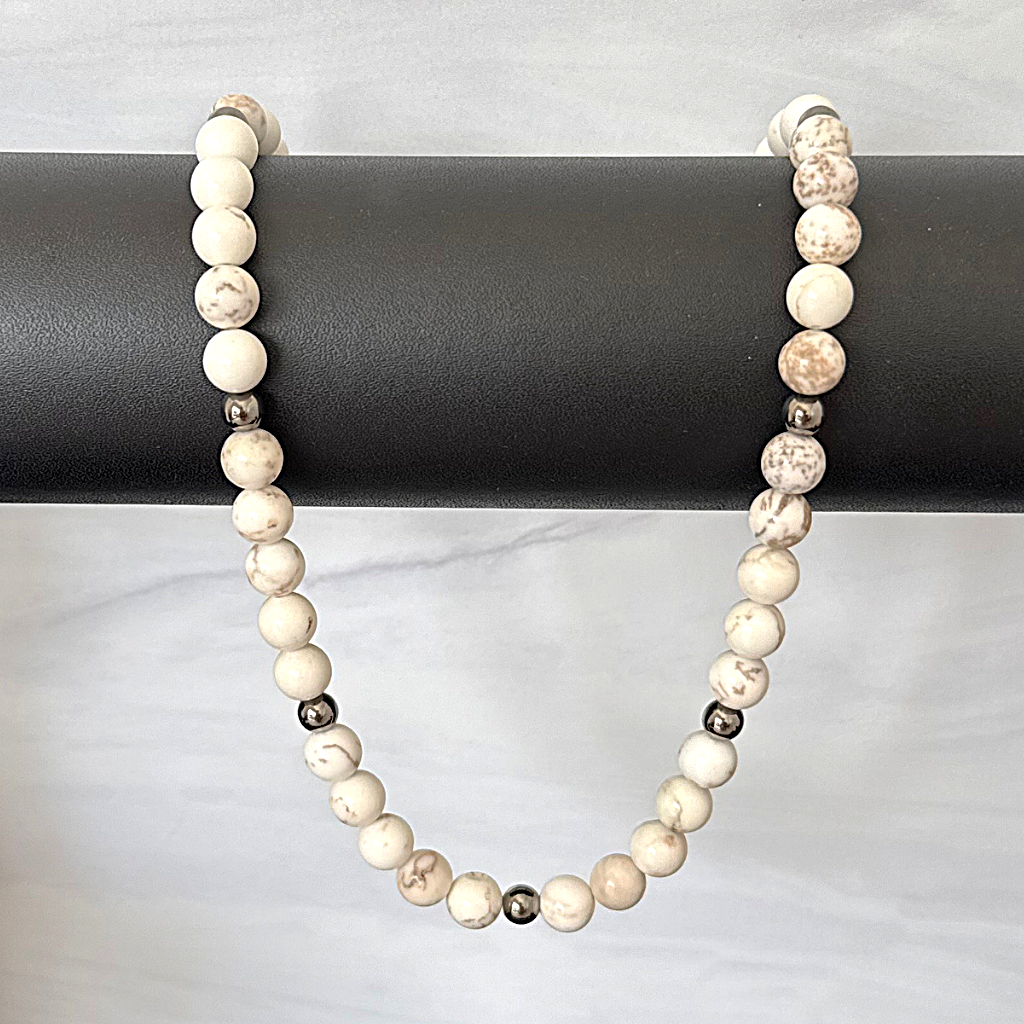 White Magnesite 8mm Mens Beaded Necklace On A Bar
