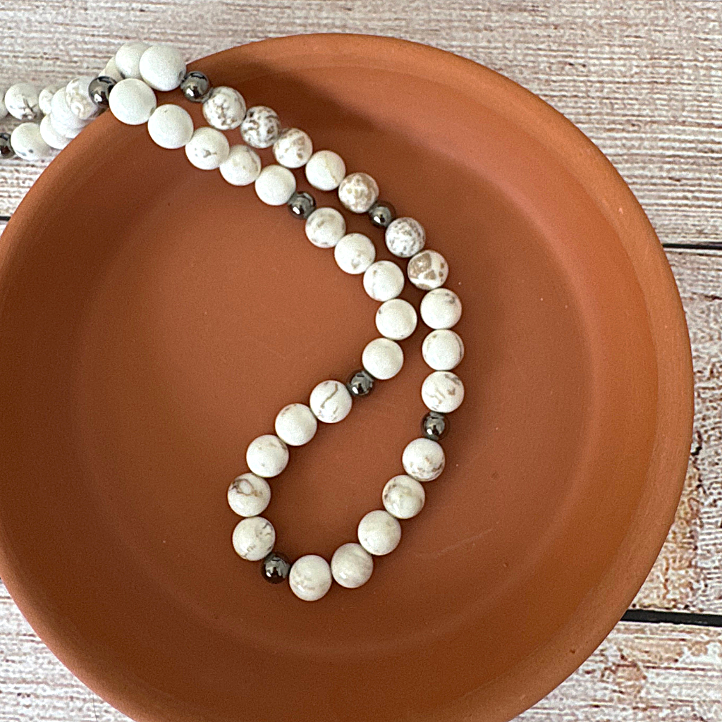 White Magnesite 8mm Mens Beaded Necklace On A Dish