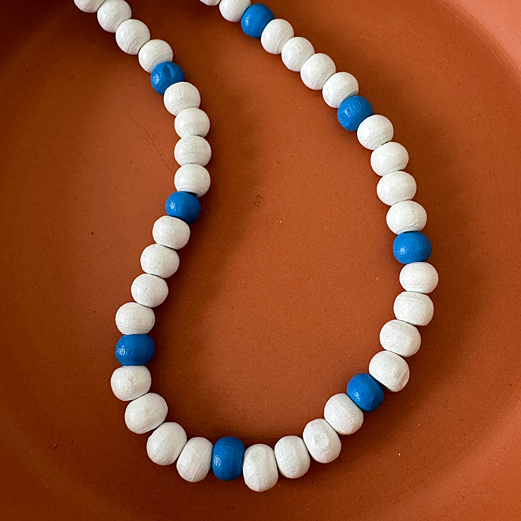 White and Royal Blue Mens Wood Beaded Necklace