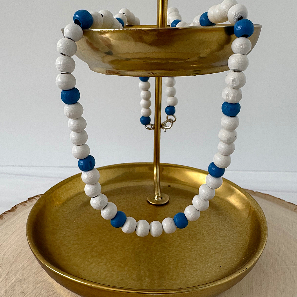 White and Royal Blue Mens Wood Beaded Necklace On A Tray
