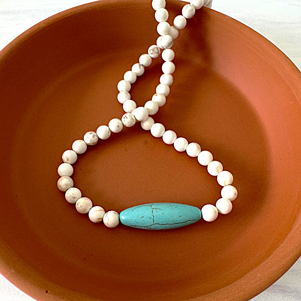 White and Turquoise Magnesite Mens Beaded Necklace Displayed