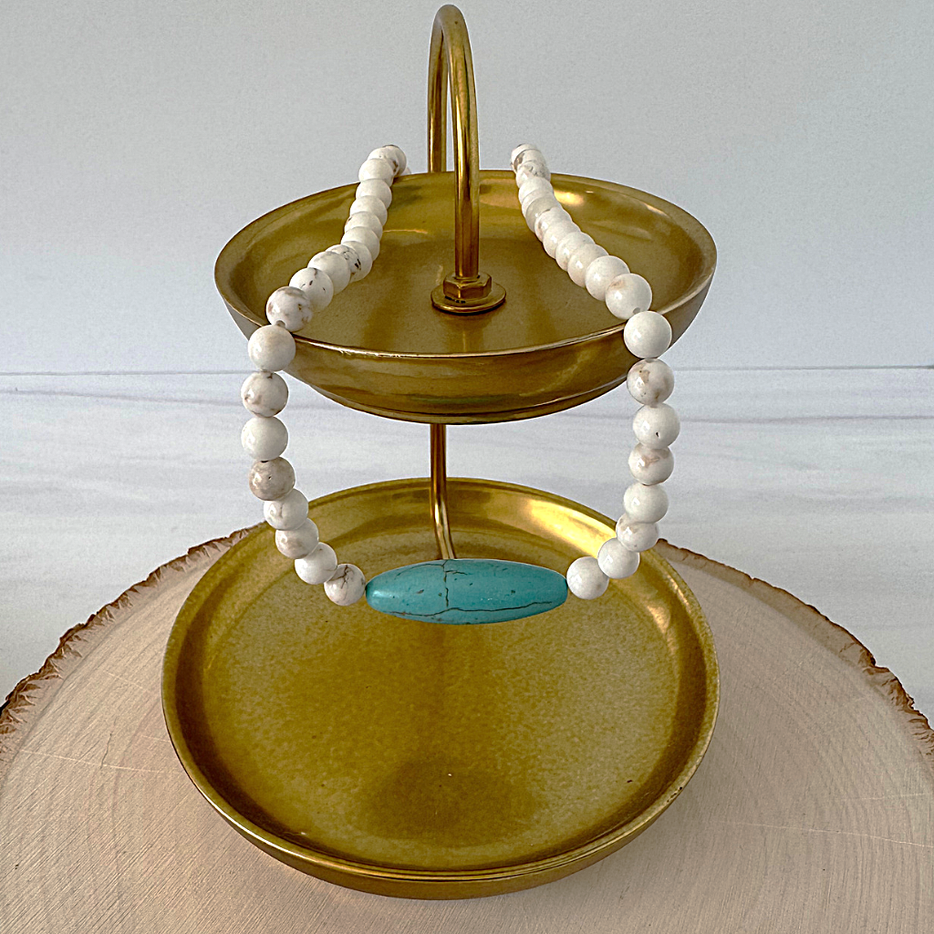 White and Turquoise Magnesite Mens Beaded Necklace On A Gold Tray