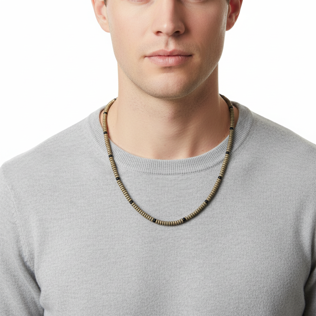 Antique Brass Hematite Matte Rondelle Mens Necklace On A Man.
