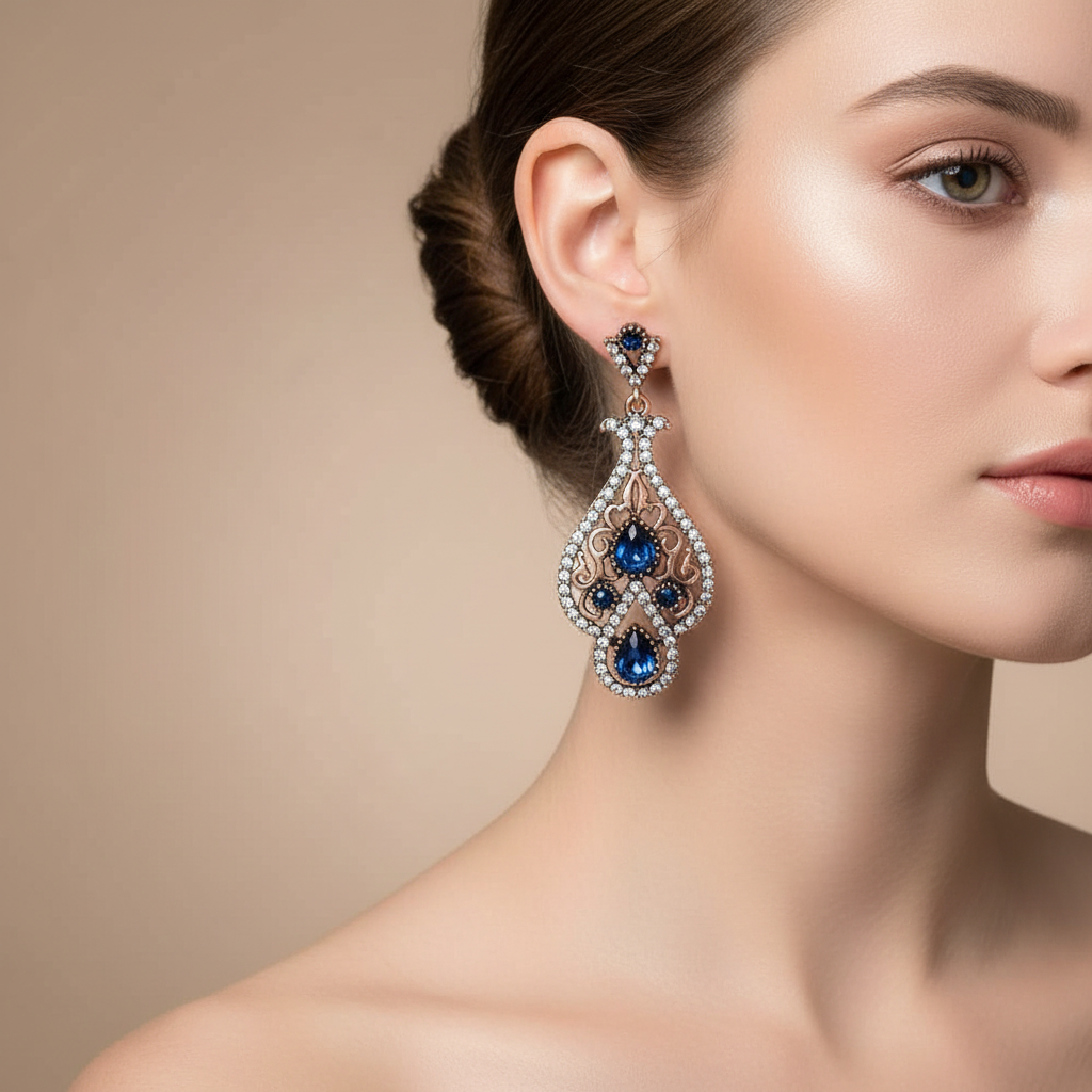 Antique Gold Blue Earrings on Model.