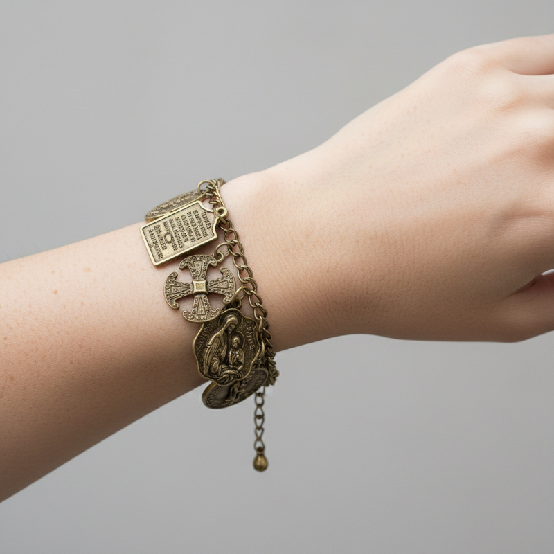 Antique Gold Saints Charm Bracelet On A Womans Wrist.