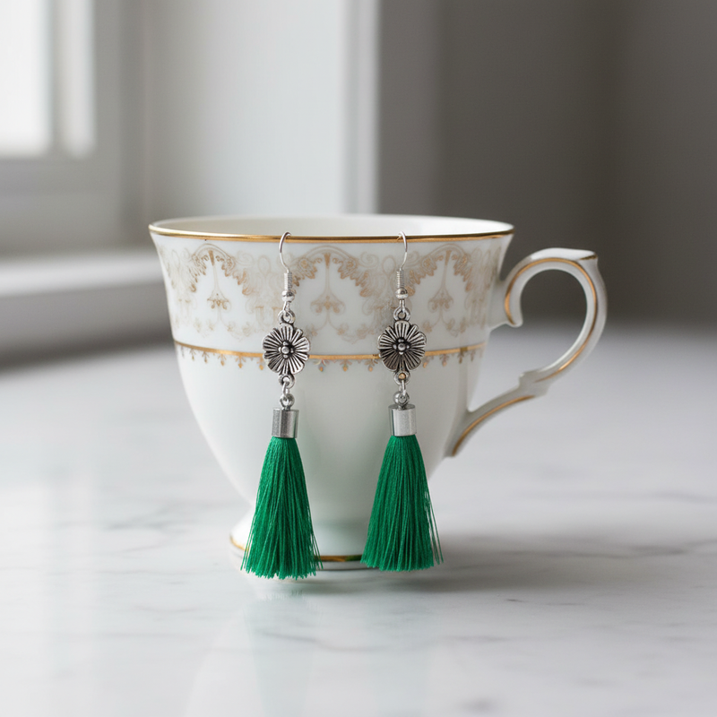 Antique Silver Flower Earrings on Tea Cup.