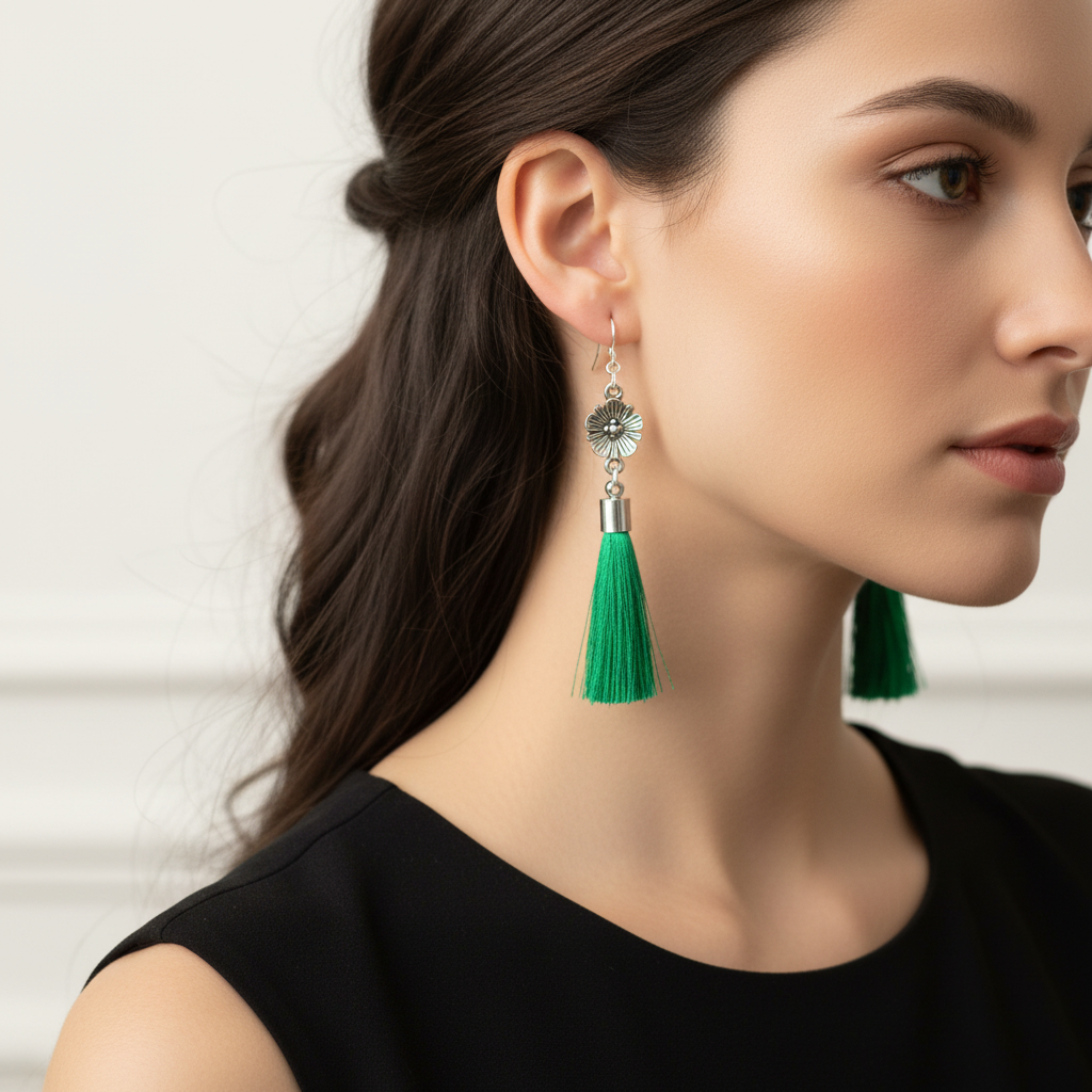 Antique Silver Flower with Green Tassel Earrings on A Woman Model.