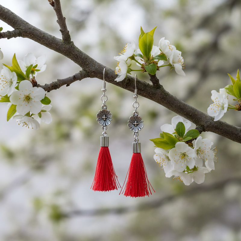 Antique Silver Flower with Red Tassel Dangle Earrings on a Branch with White Flowers.