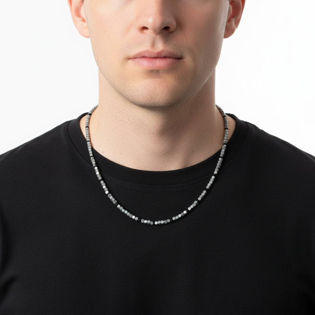 Antique Silver Matte Hematite Hexcut Mens Necklace On A Man.