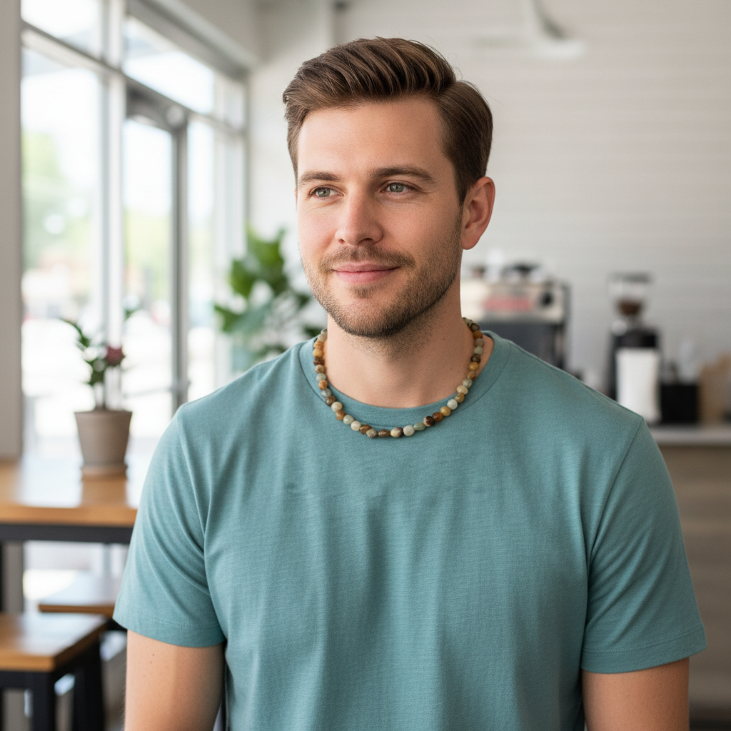 Mens Antique Serpentine Nugget Necklace On A Male Model.