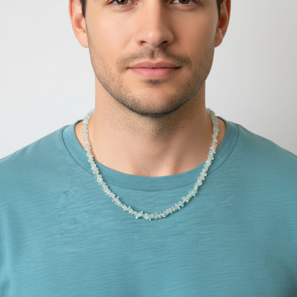 Aquamarine Chip Beaded Mens Necklace.