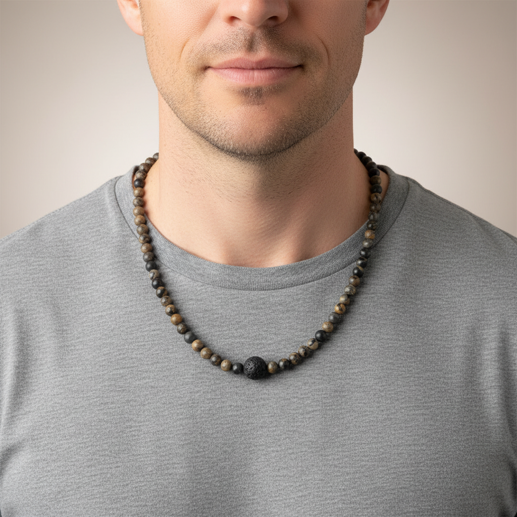 Artistic Stone and Black Lava Necklace On A Man.