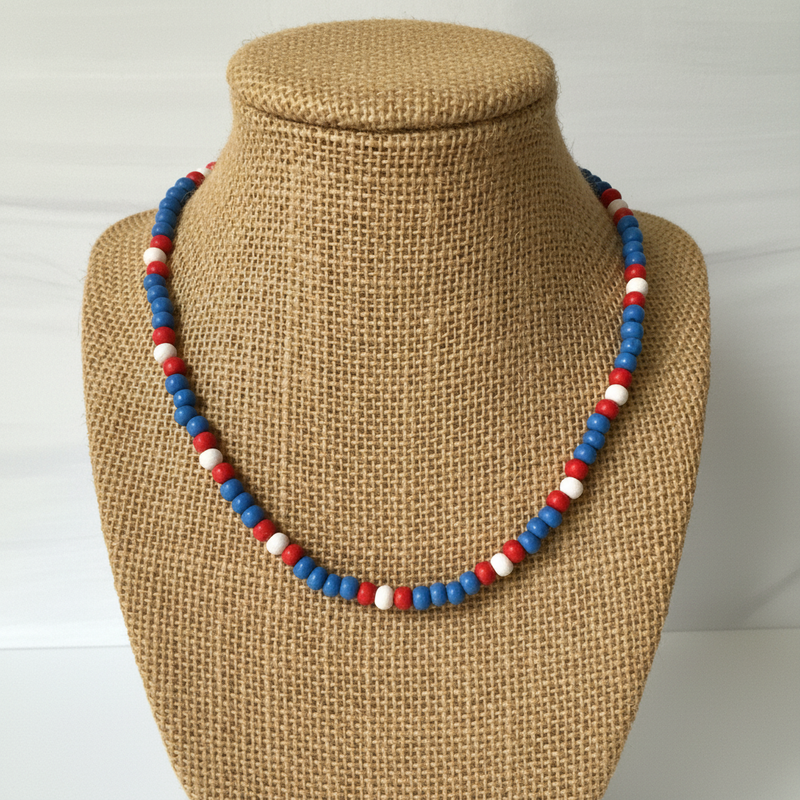 Red White and Blue Wood Beaded Mens Necklace