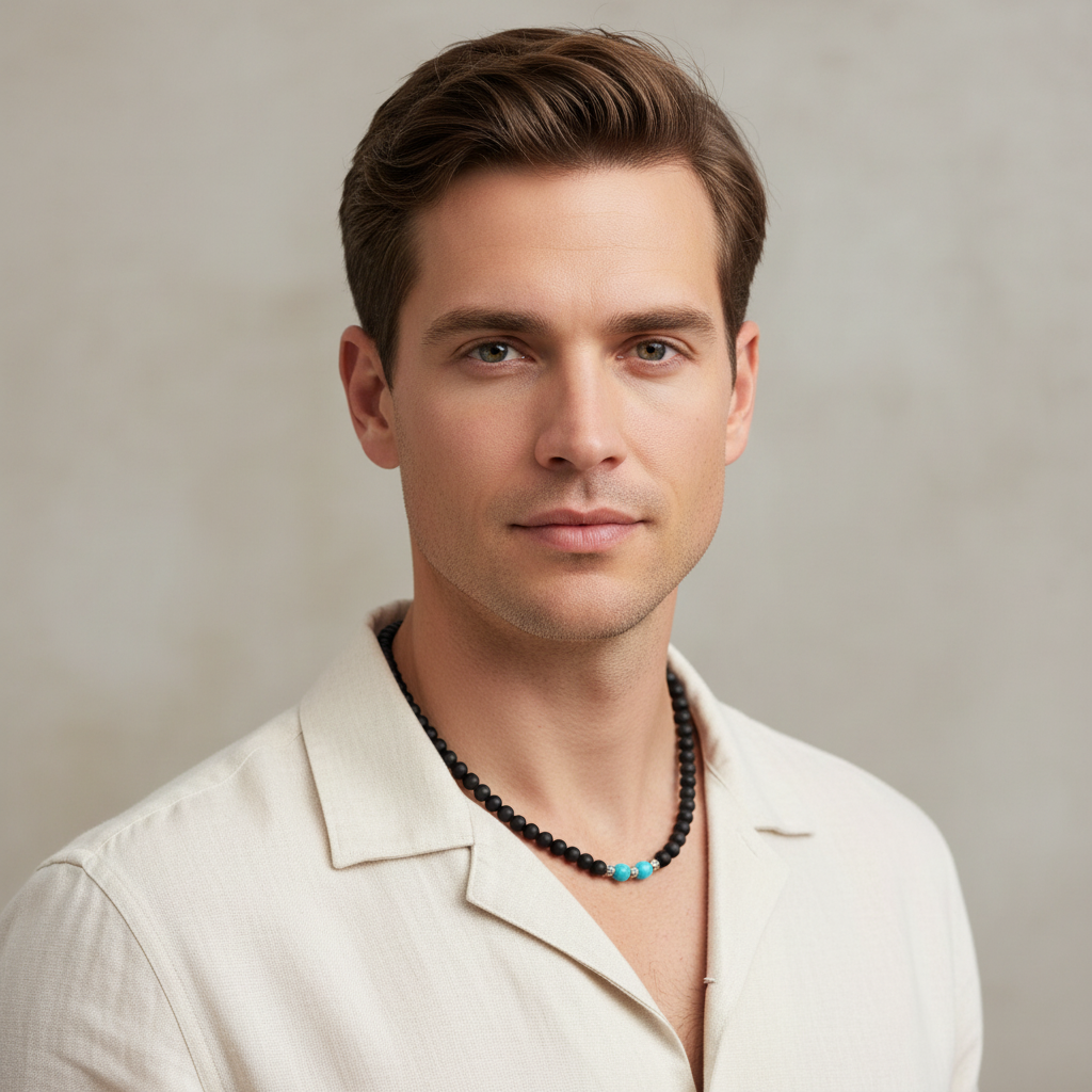 Matte Black Onyx and Turquoise Howlite Mens Beaded Necklace On A Model