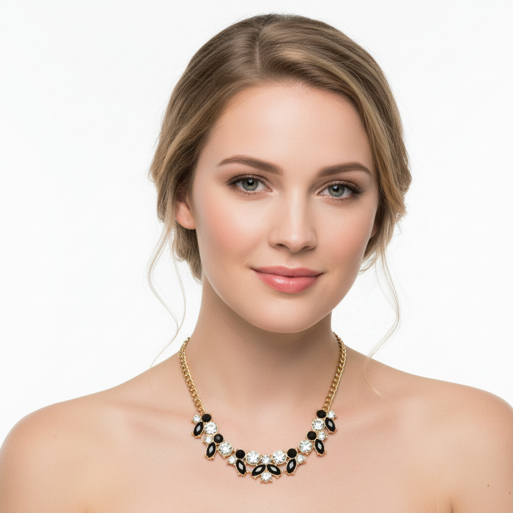 Black and Clear Crystal Statement Necklace On A Model.