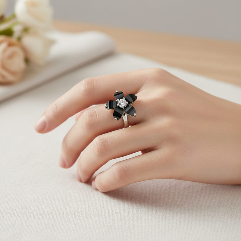Black and Clear CZ Plumeria Flower Ring.