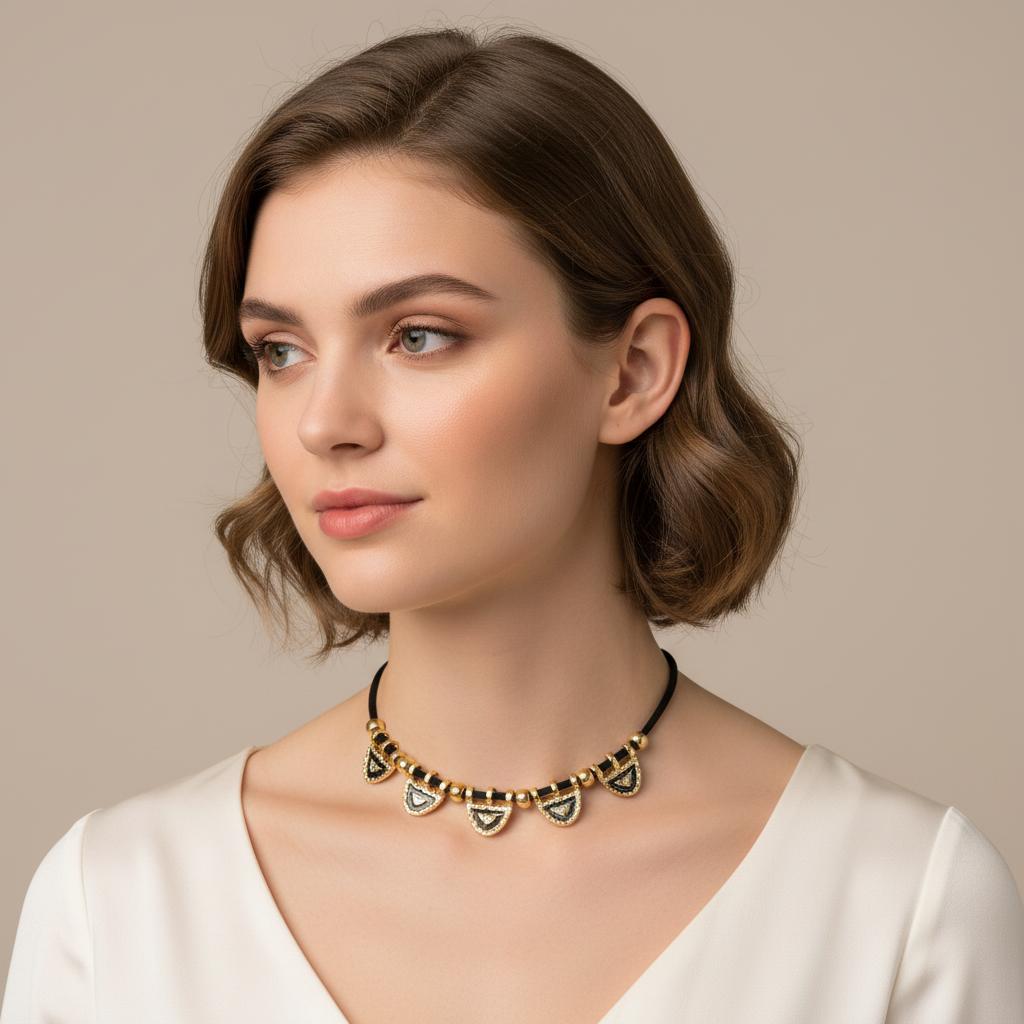 Black and Gold Hammered Metal Triangle Choker On A Model.