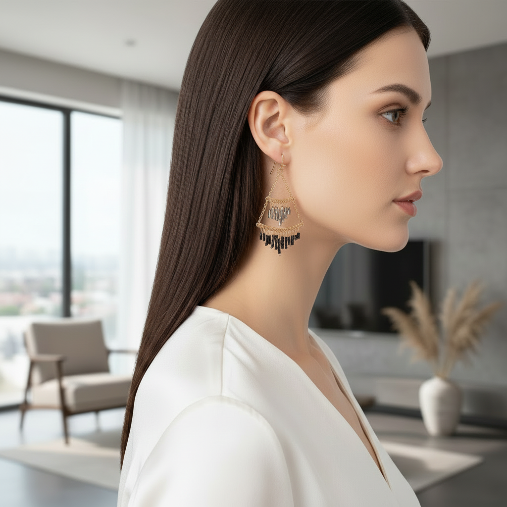 Black and Hematite Seed Bead Chandelier Earrings On A Model.