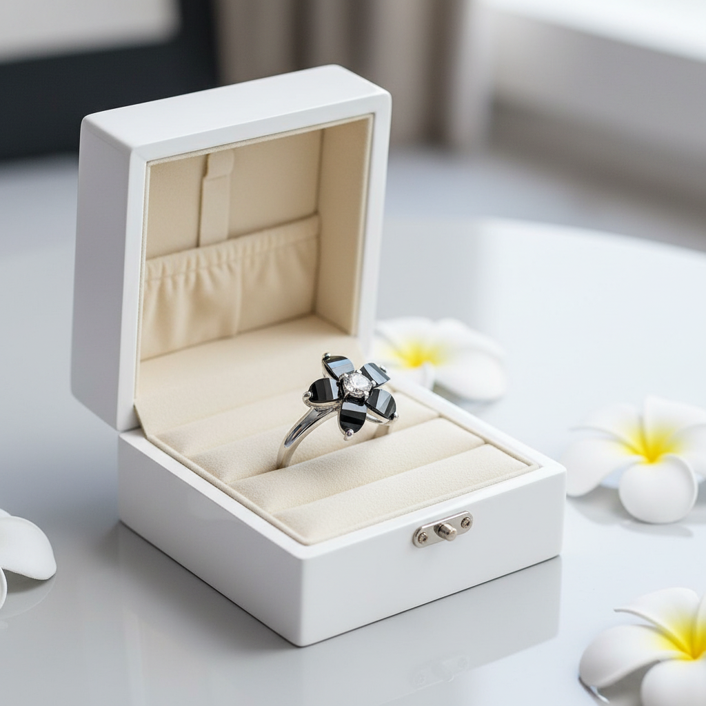 Black Crystal Plumeria Ring in Jewelry Box
