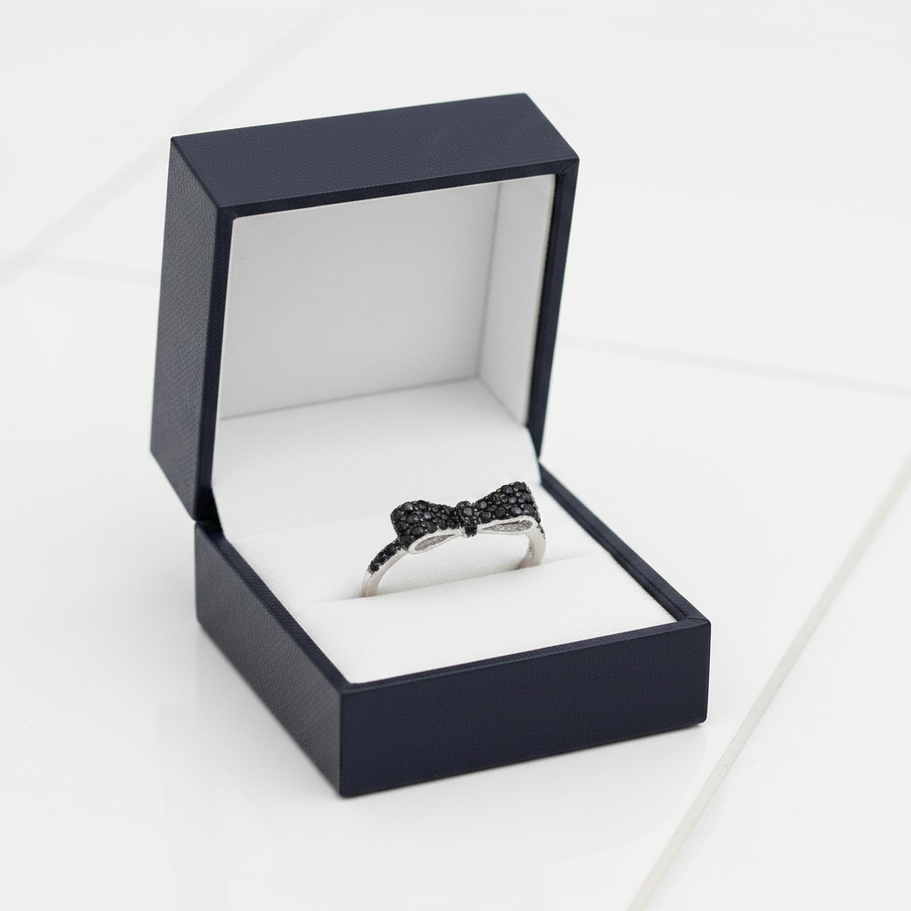Black CZ Bow Ring in Jewelry Box