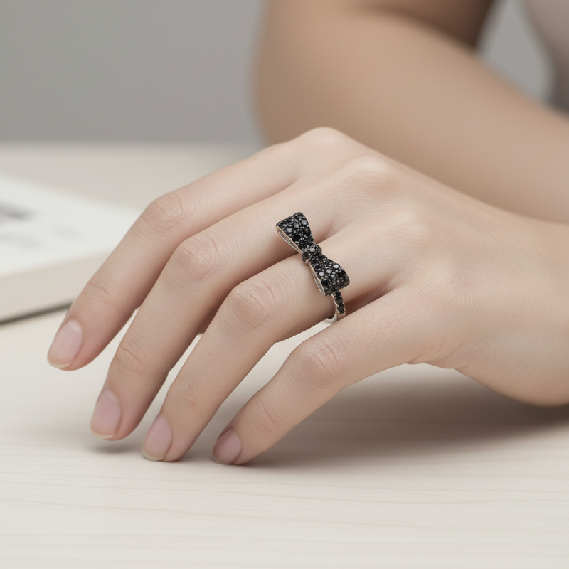 Black CZ Bow Ring on a Hand