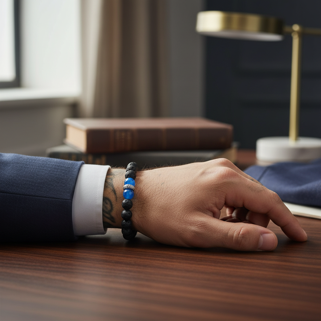 Black Lava and Blue Agate Mens Beaded Bracelet On A mans Wrist.