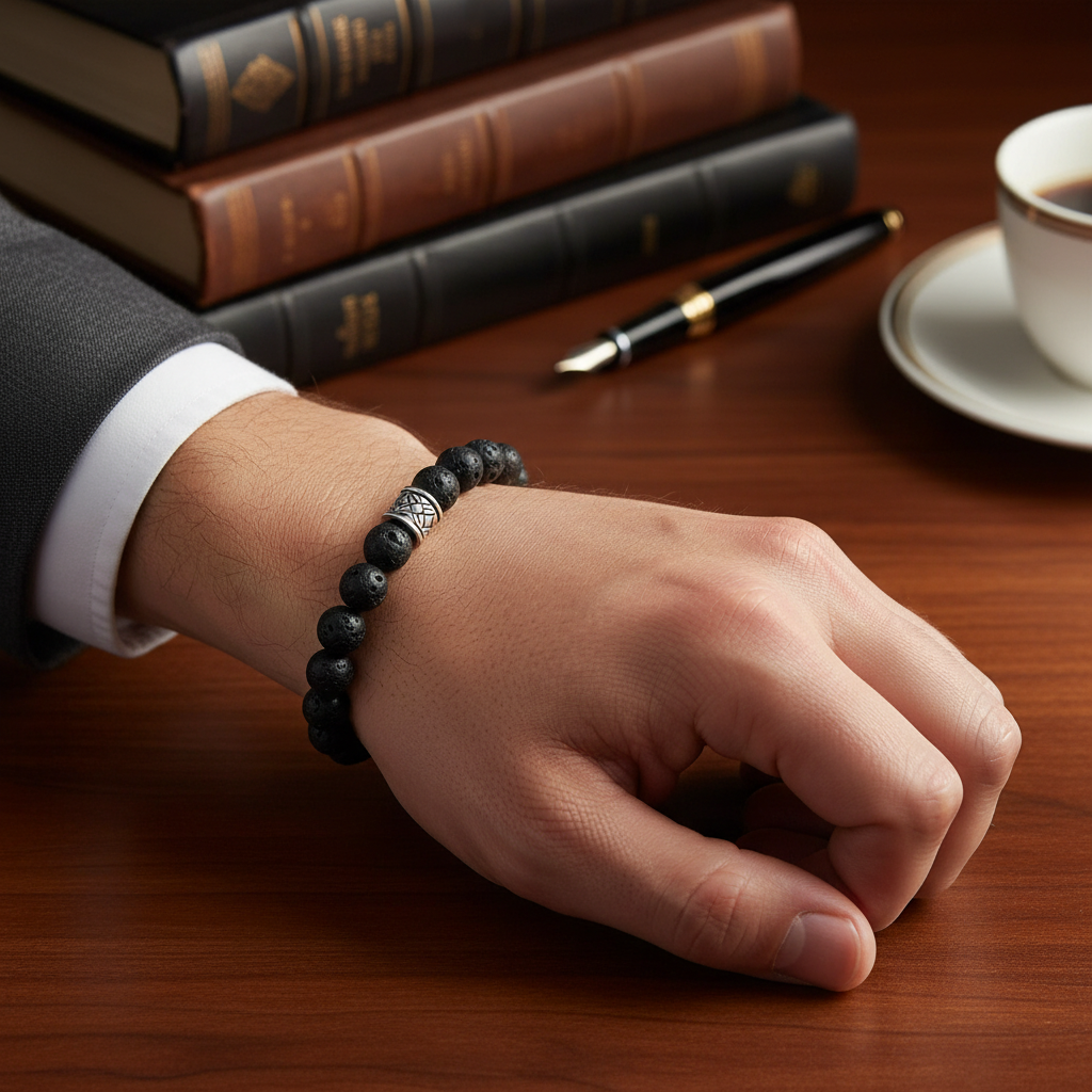 Black Lava Beaded Mens Bracelet with Silver Bead.